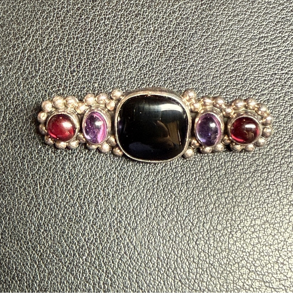 Vintage Sterling Silver Janice Girardi JGD Onyx Amethyst & Garnet Bar Brooch